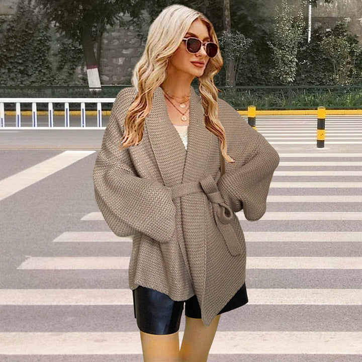 Damen Grobstrick-Wickeljacke mit breitem Schalkragen und bindbarem Gürtel Drune