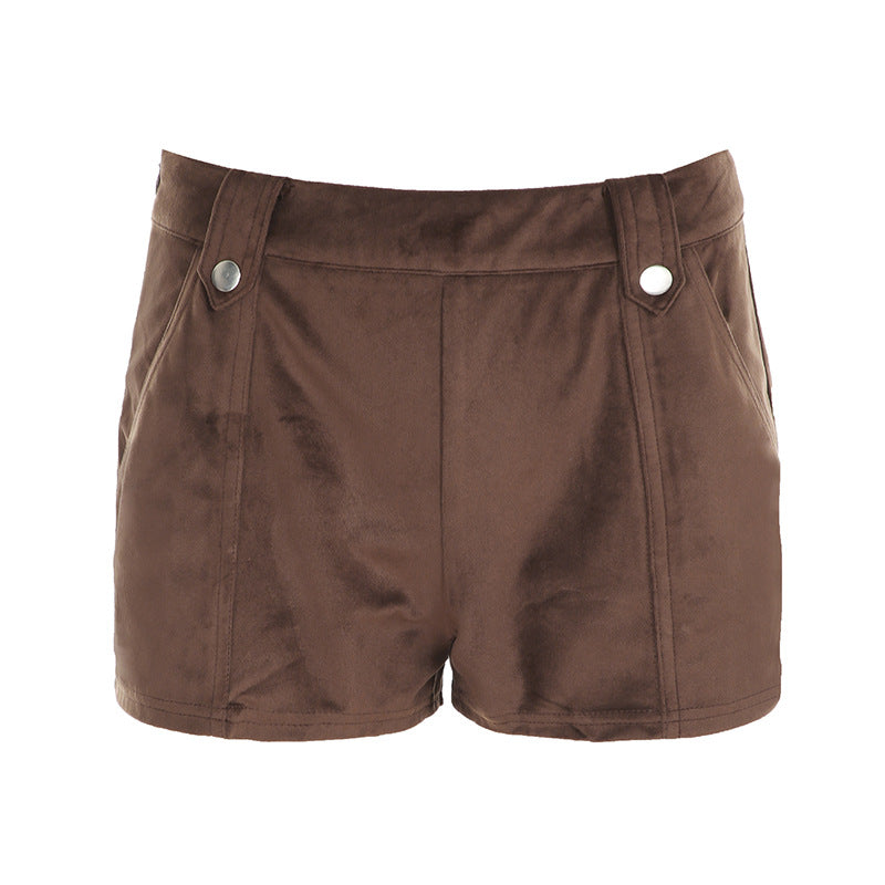 Damen Kunstleder Shorts mit dekorativem Knopf und figurbetontem Schnitt Drune