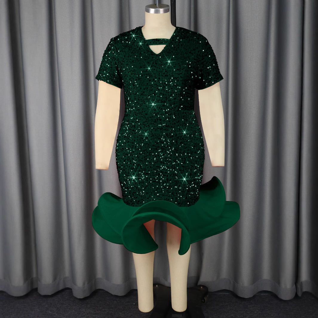 Damen glamouröses Abendkleid mit schimmernden Pailletten und voluminösem Saum Drune