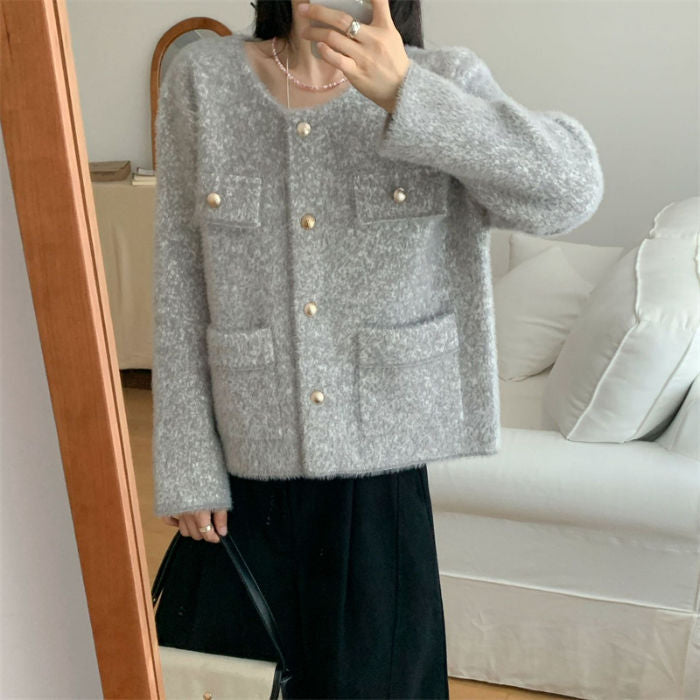 Damen kuschelige Strickjacke mit Perlenknöpfen und praktischen Taschen Drune