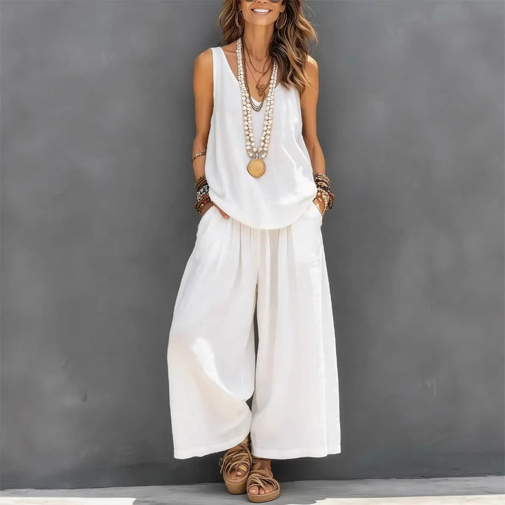 Damen Lockere Sommerbluse mit weitem Schnitt und hochtaillierter Hose Drune