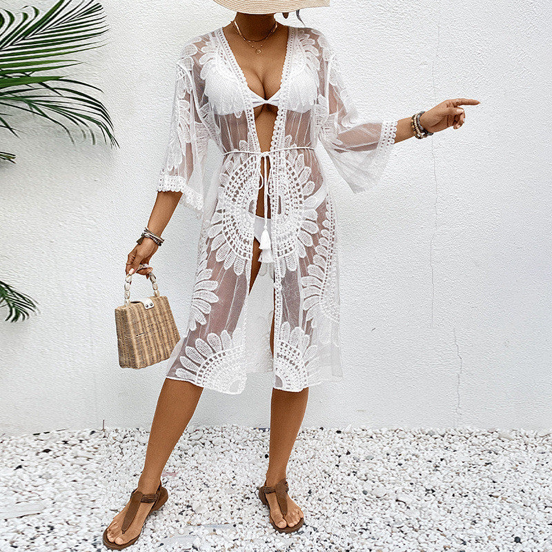 Damen transparenter Strandüberwurf mit elegantem Häkelmuster Drune