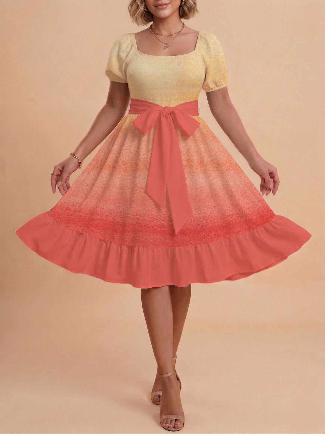 Damen Midikleid mit verspieltem Druck und tailliertem Schnitt Drune