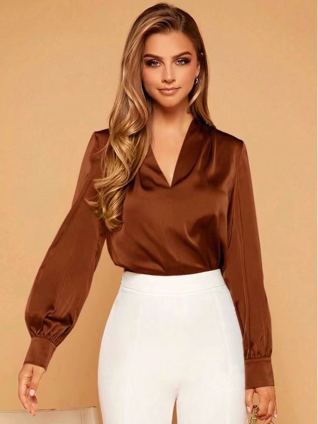 Drune | V-Ausschnitt Langarm Satin Bluse