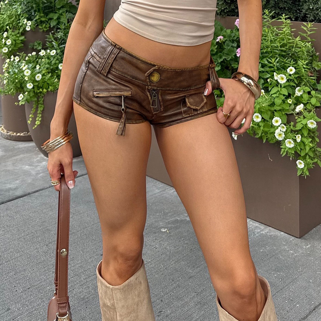 Damen Modische Shorts aus Kunstleder mit praktischen Taschen und dekorativen Reißverschlüssen Drune