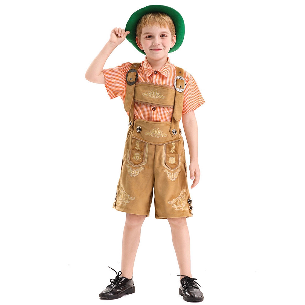 Herren nan traditionelle Kinderlederhose kurz mit aufwendiger Stickerei, Latztasche und verstellbaren Trägern Drune