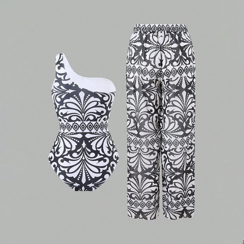 Damen Einteiler Badeanzug mit elegantem asymmetrischen Design und passender Hose Drune