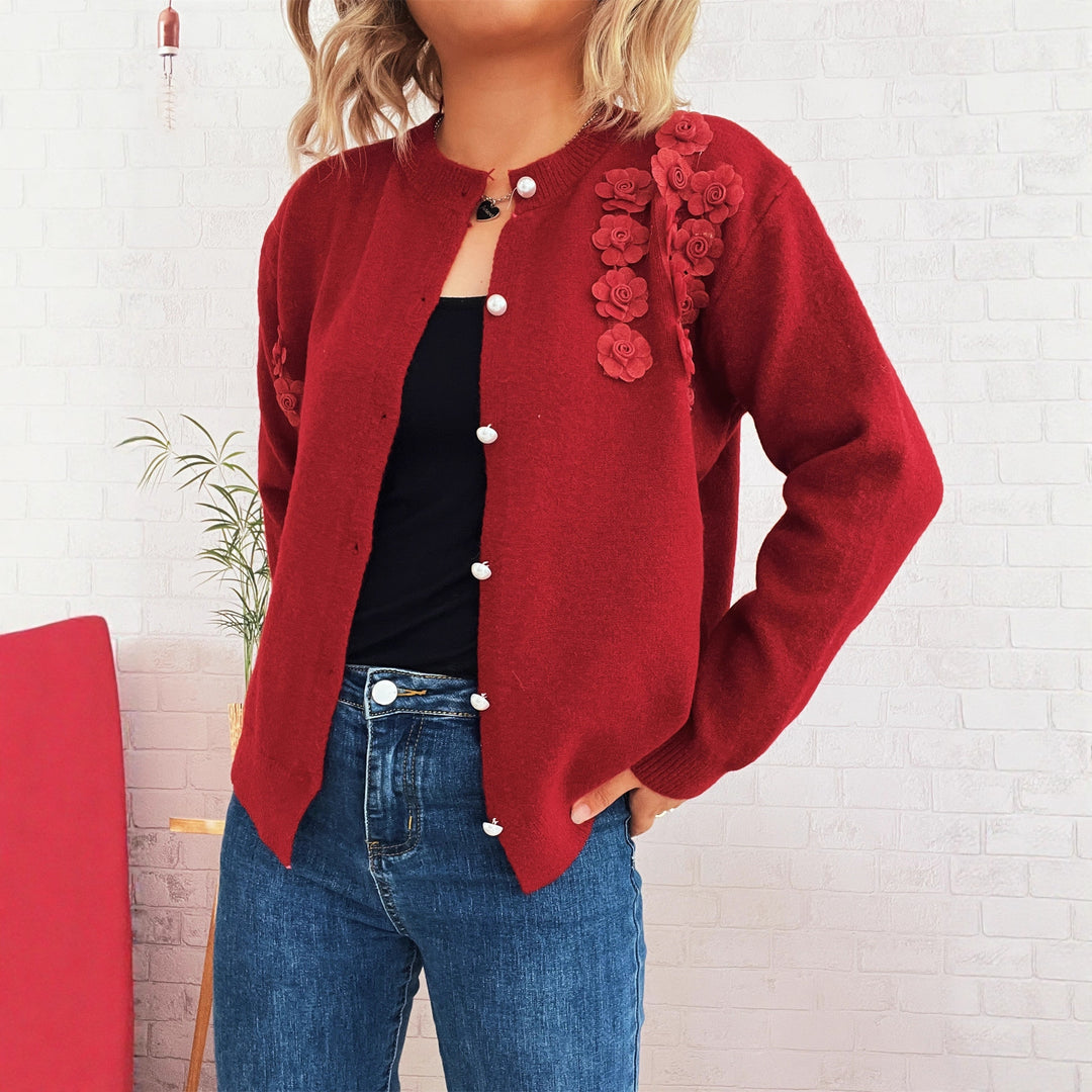 Damen Strickjacke mit floralem Design und eleganten Perlenknöpfen Drune