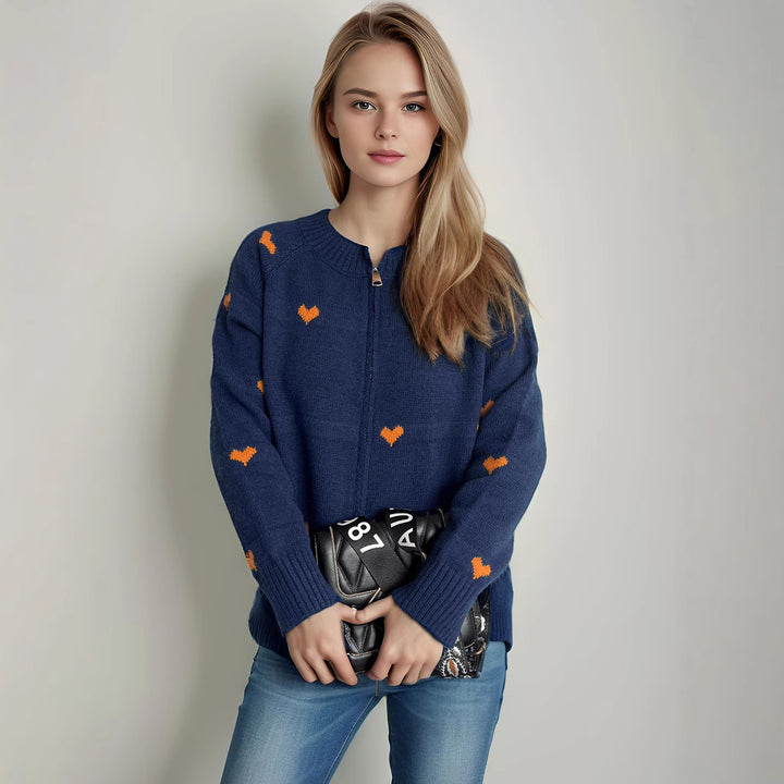 Damen Strickjacke mit Herzmotiv und modernem Reißverschluss Drune