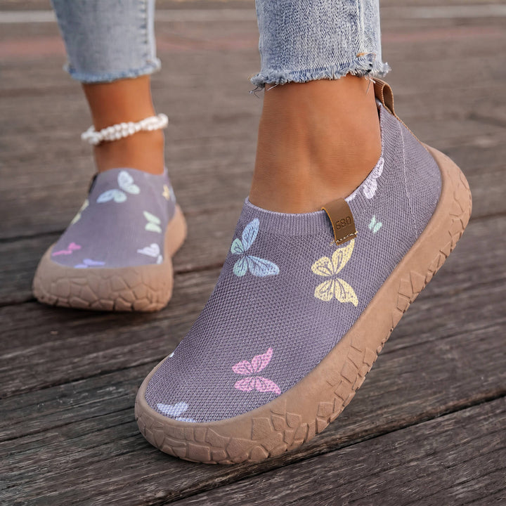 Damen nan atmungsaktiver Strick-Slipper mit Aquarell-Schmetterlingsprint und griffiger Outdoorsohle Drune