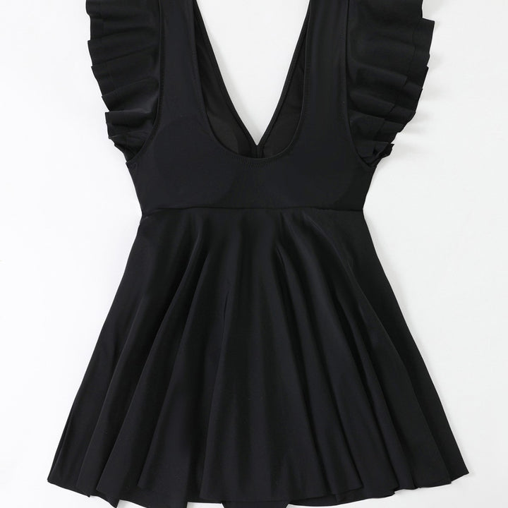Damen Strandkleid mit leichtem V-Ausschnitt und voluminösen Rüschendetails Drune