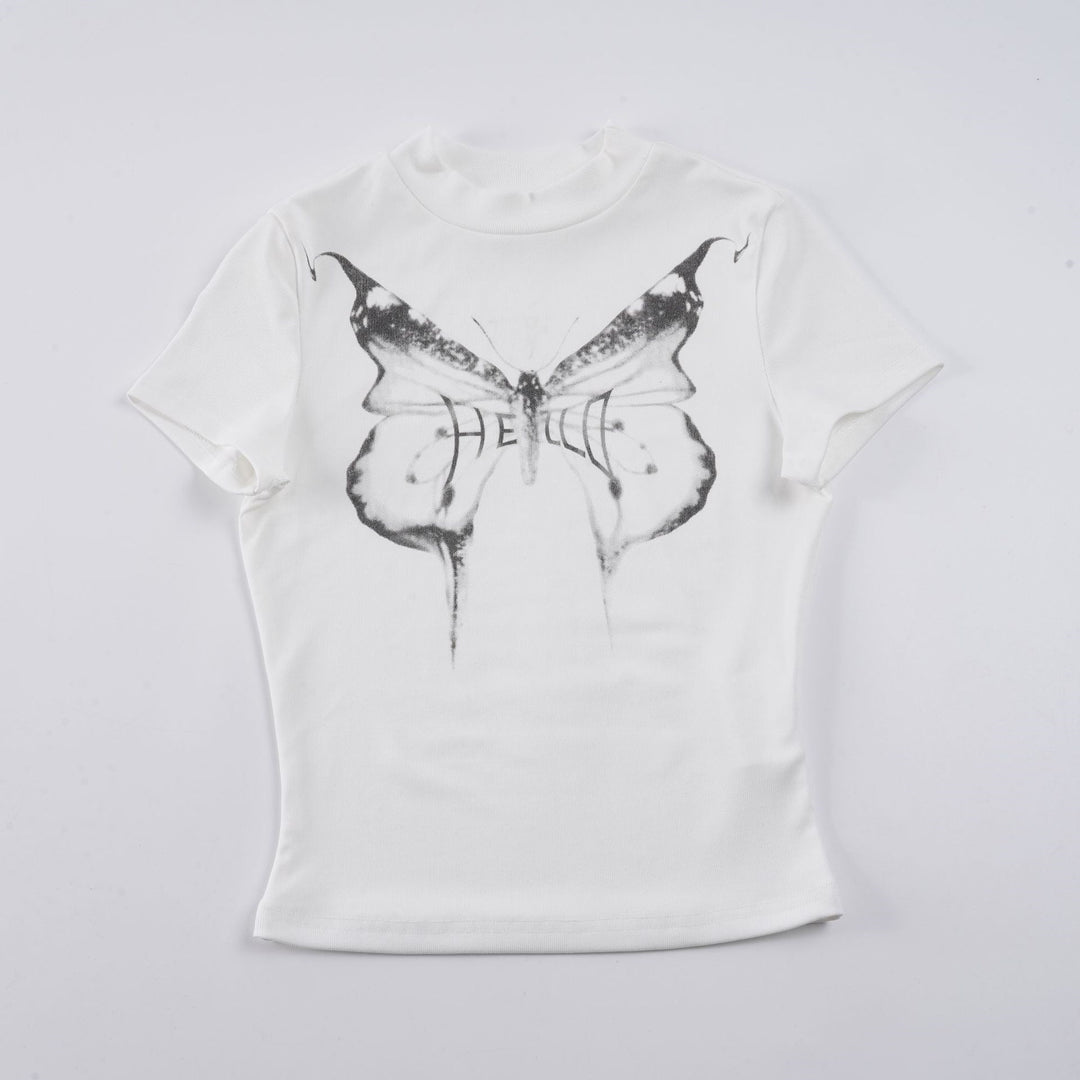 Damen Kurzarm-T-Shirt mit elegantem Schmetterlingsdesign und Stehkragen Drune