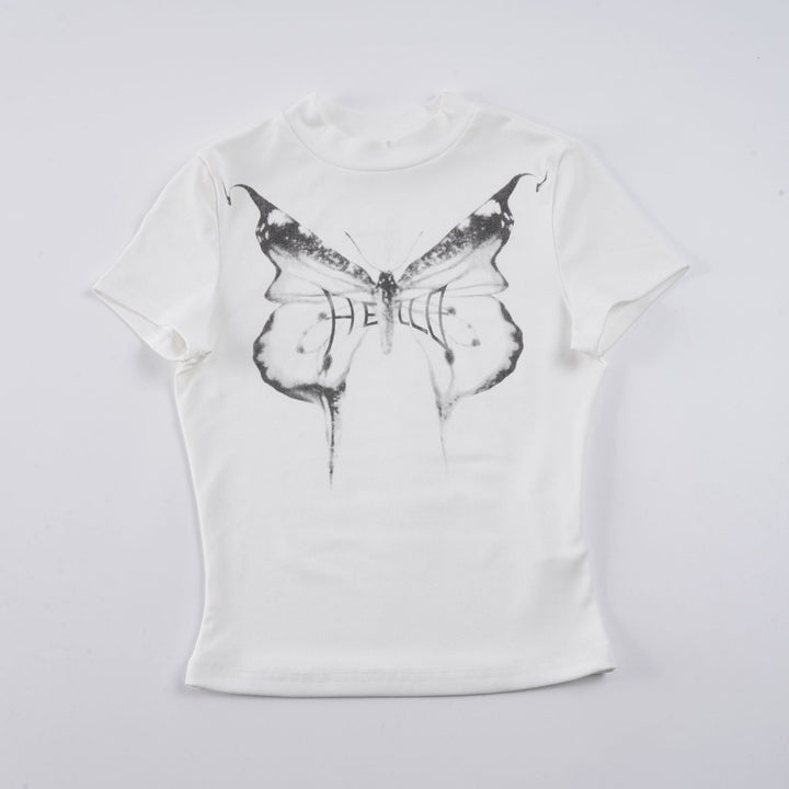 Damen Kurzarm-T-Shirt mit elegantem Schmetterlingsdesign und Stehkragen Drune