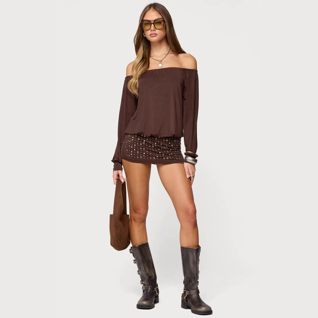 Damen Off-Shoulder Top mit eleganten langen Ärmeln und figurbetontem Rock Drune