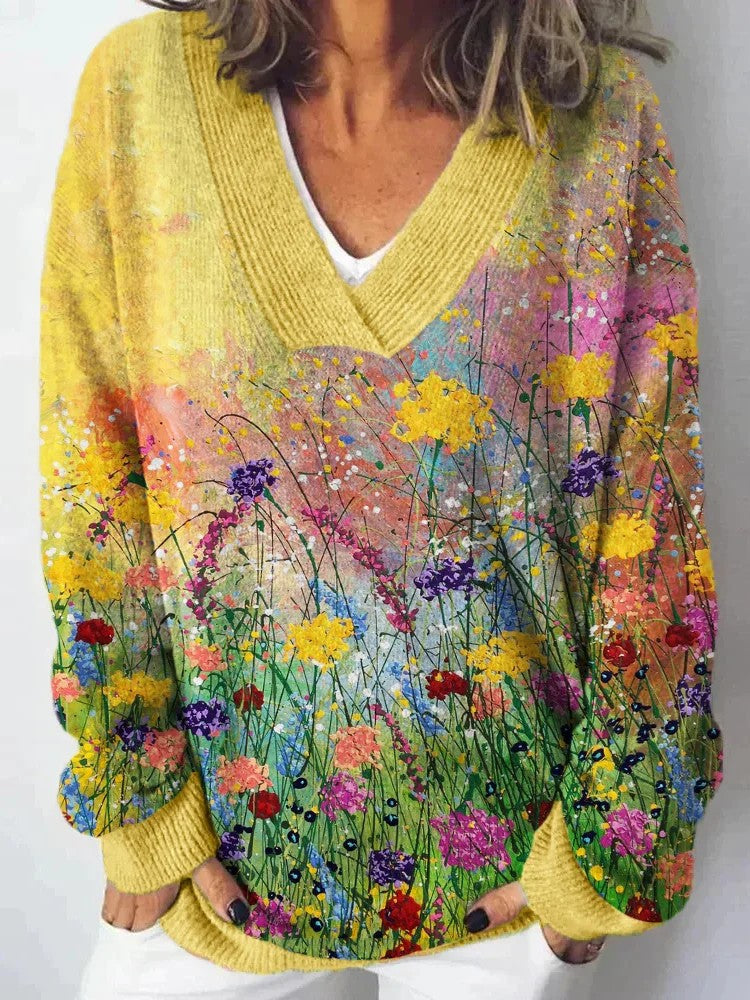 Damen V-Ausschnitt Pullover mit floralem Muster und lässigem Schnitt Drune