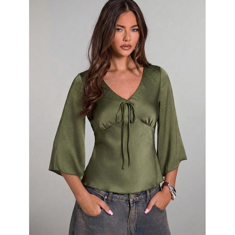 Damen Elegantes Oberteil mit Krawatte und weitem Ärmel Drune