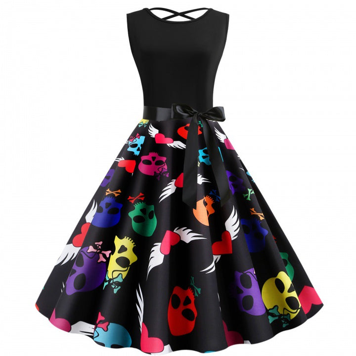 Damen Swingkleid mit buntem Totenkopf-Design und seitlichem Bindegürtel Drune