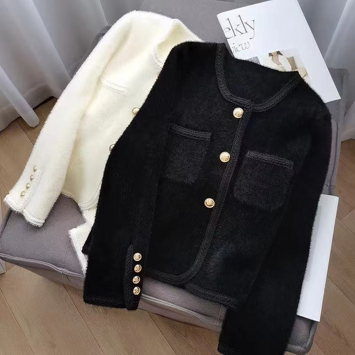 Damen Elegante Strickjacke mit goldenen Knöpfen und feiner Struktur Drune