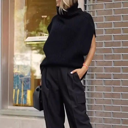 Damen Stricktop mit hohem Kragen und Rippstruktur Drune