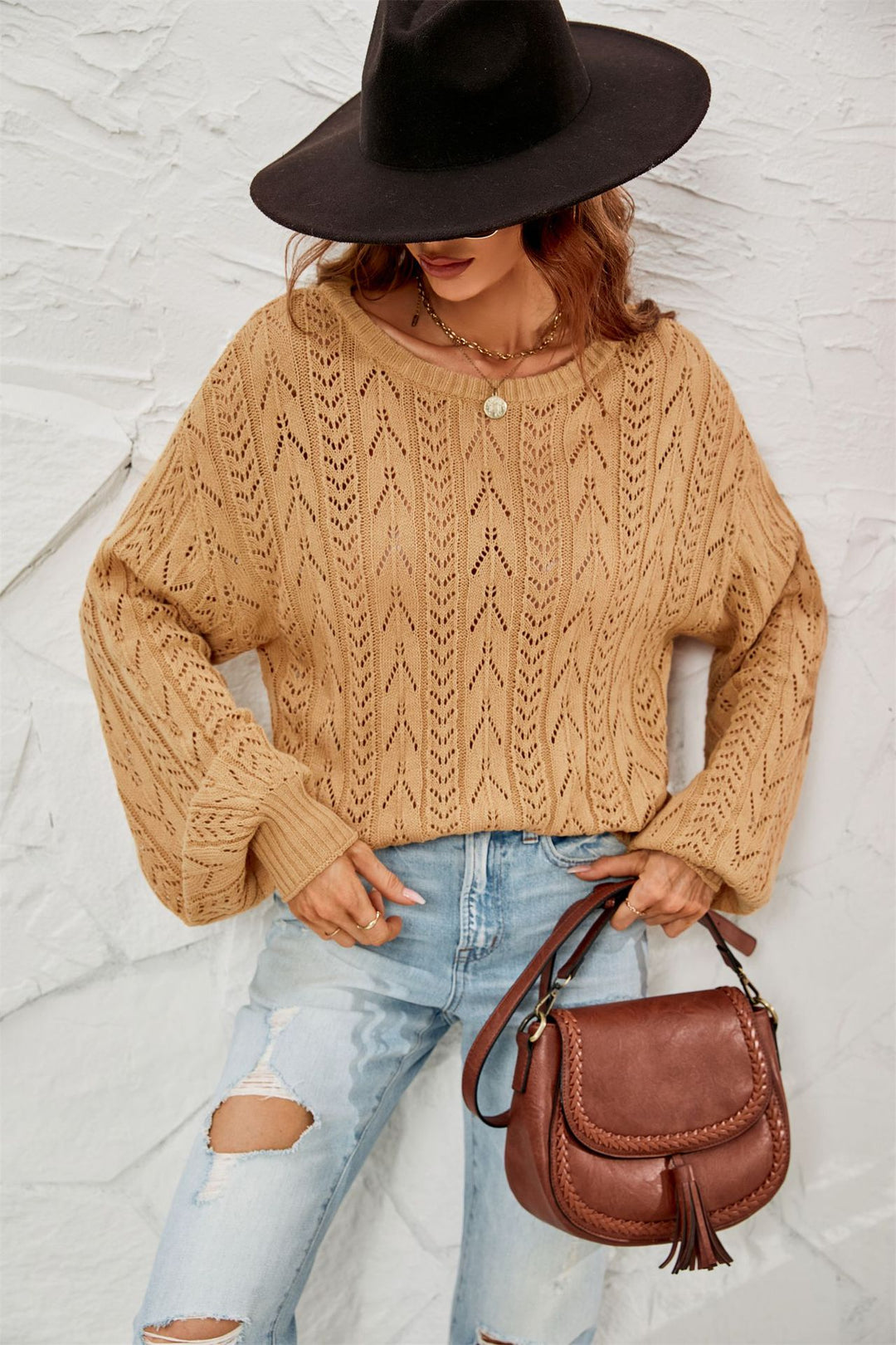 Damen luftiger Strickpullover mit feinem Muster und weiten Ärmeln Drune