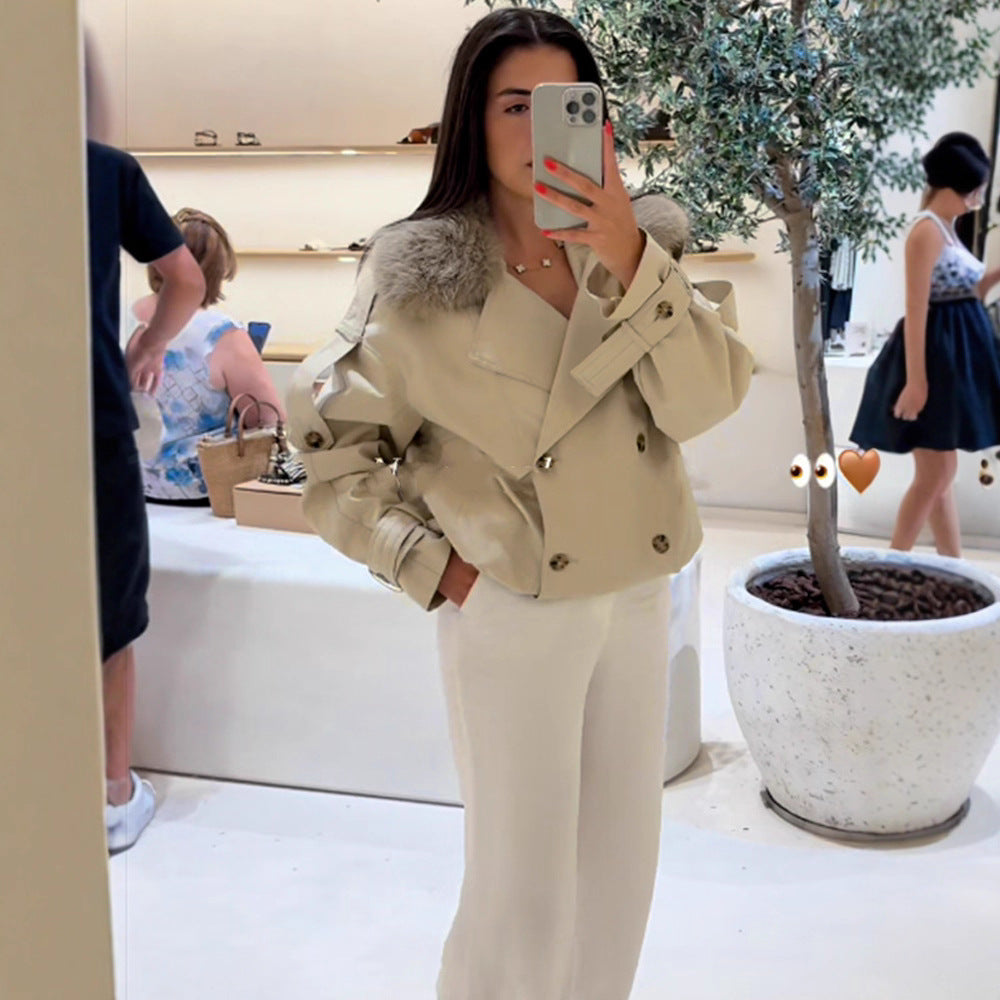 Damen elegante Übergangsjacke mit luxuriösen Fellkragen Drune