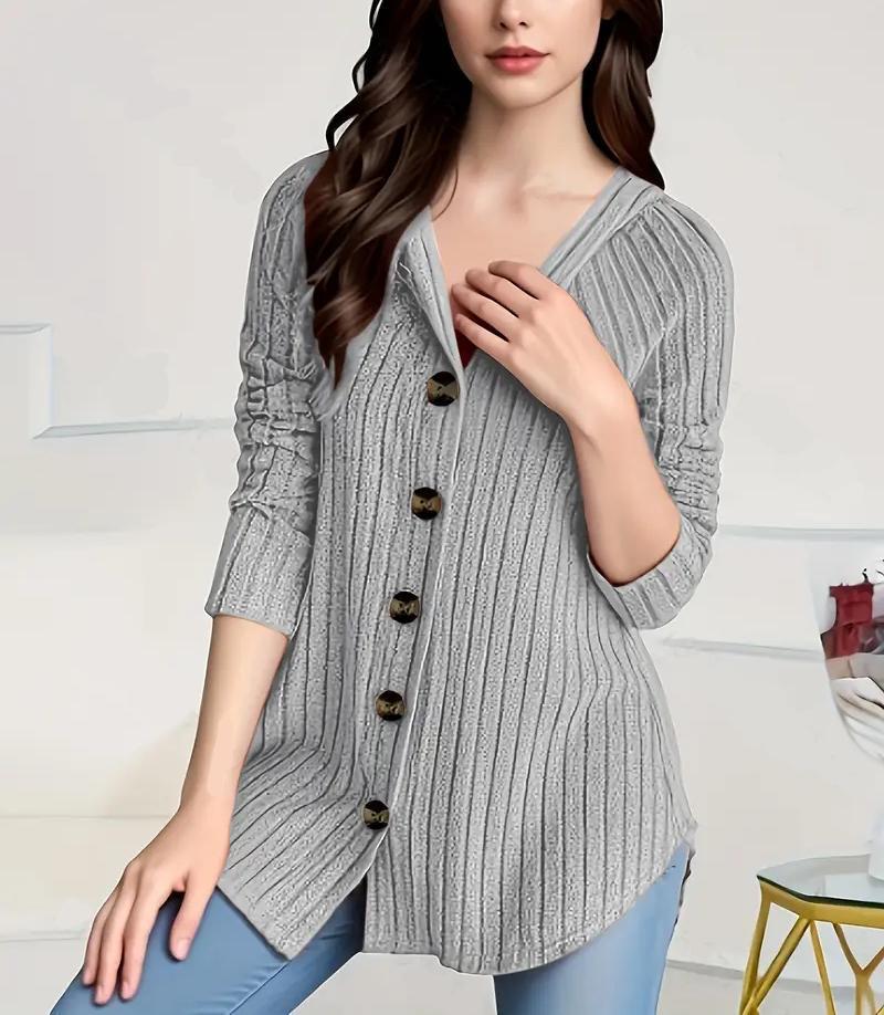 Damen nan kaschierender gerippter Strickcardigan mit V-Ausschnitt und dekorativen Knöpfen Drune