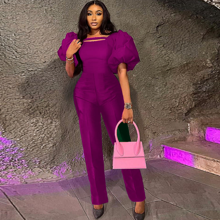Damen eleganter Overall mit Puffärmeln und quadratischem Ausschnitt Drune