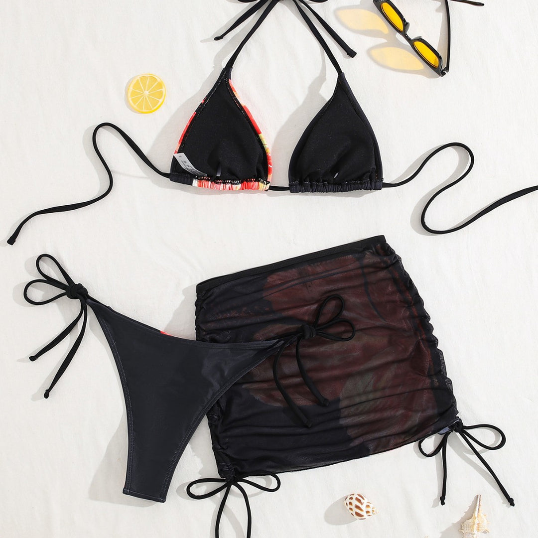 Damen Triangel-Bikini mit transparentem Rockelement und floralem Design Drune