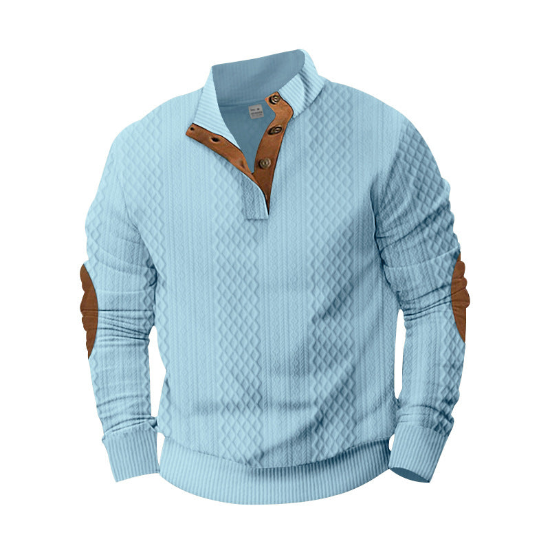 Herren nan strukturierter Henley-Pullover mit Stehkragen, Knopfleiste und Lederoptik-Ellbogenbesatz Drune