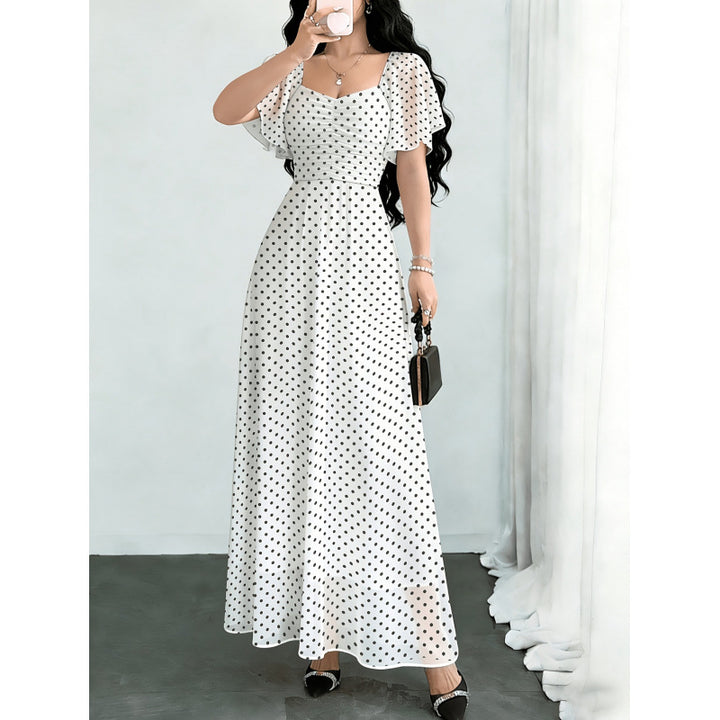 Damen Maxikleid mit voluminösen Rüschenschultern und vintage Punktedesign Drune