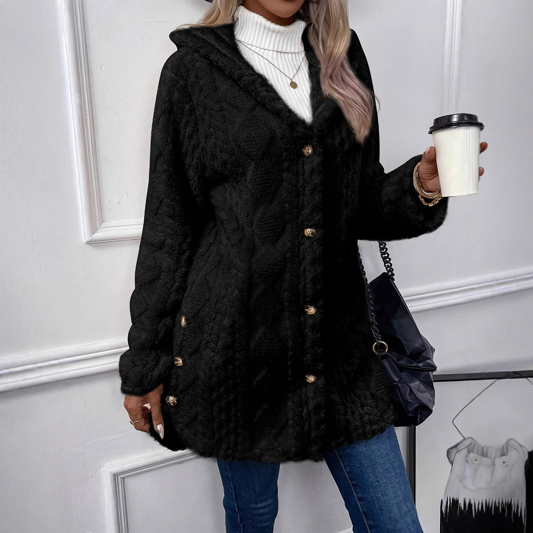 Damen Kapuzenjacke aus kuscheligem Teddyfell mit seitlichen Knöpfen Drune