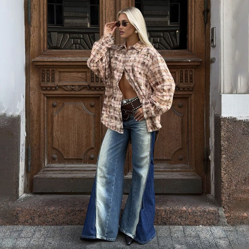 Damen Oversized Hemdbluse im lässigen Karomuster mit geschlitzten Ärmeln Drune