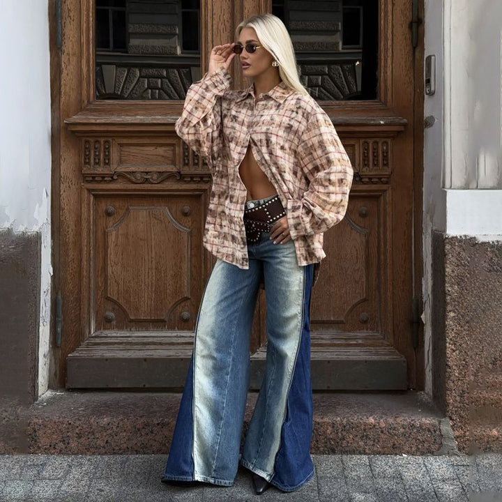 Damen Oversized Hemdbluse im lässigen Karomuster mit geschlitzten Ärmeln Drune