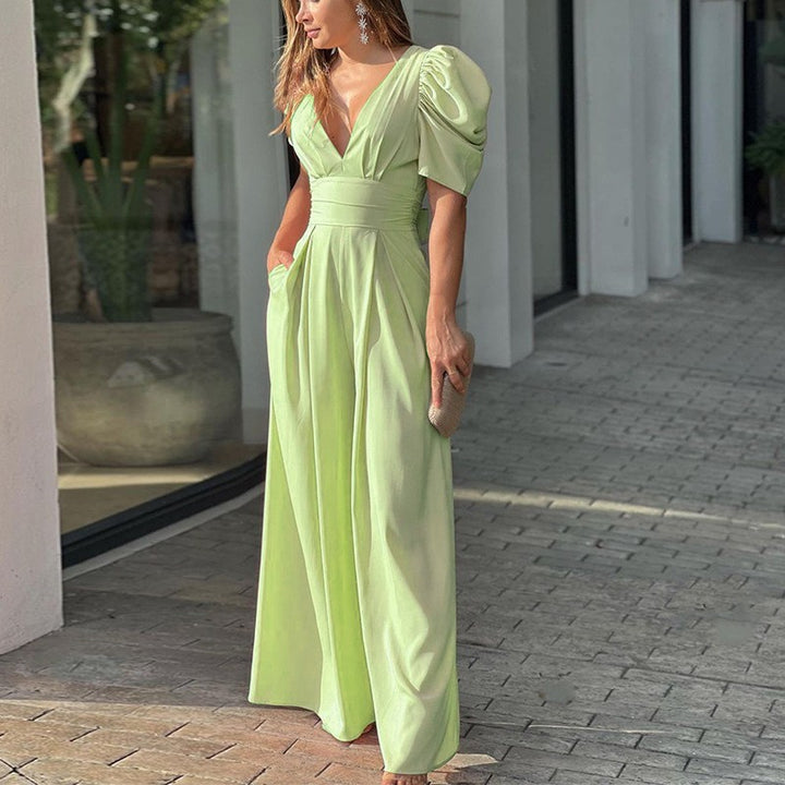 Damen Puffärmel Jumpsuit mit tiefem V-Ausschnitt und weiten Beinen Drune
