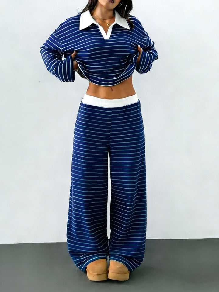 Damen lässiges Strick-Set mit breiten Streifen und samtigem Kragen Drune