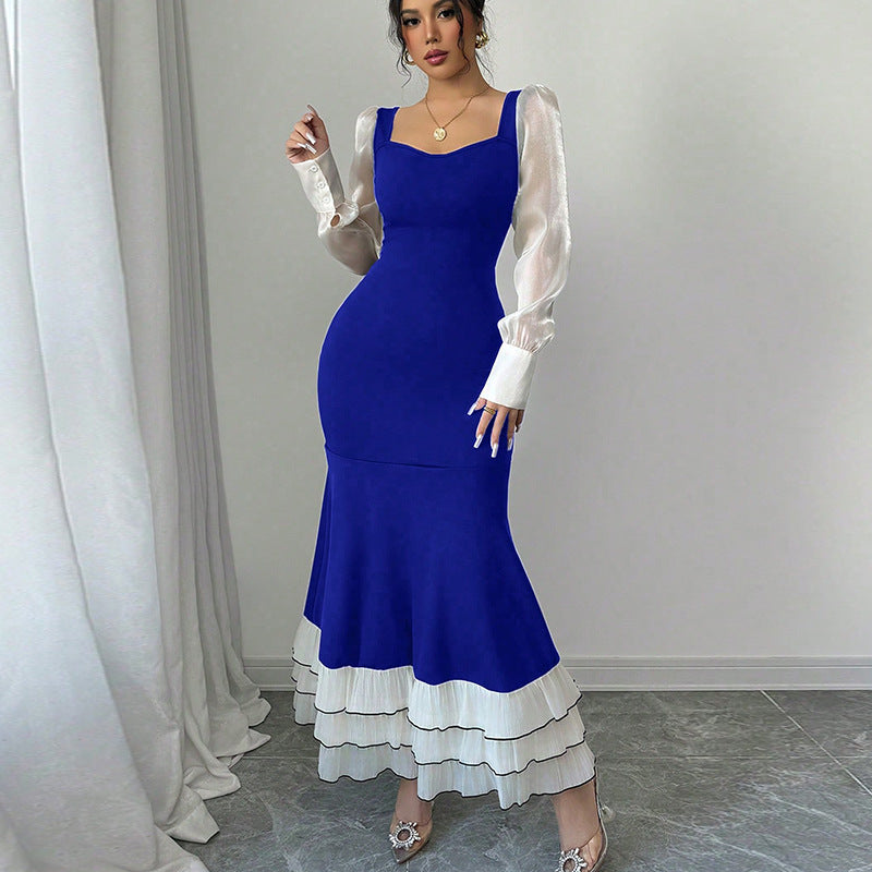 Damen elegantes Maxikleid mit transparenten Puffärmeln und Rüschensaum Drune
