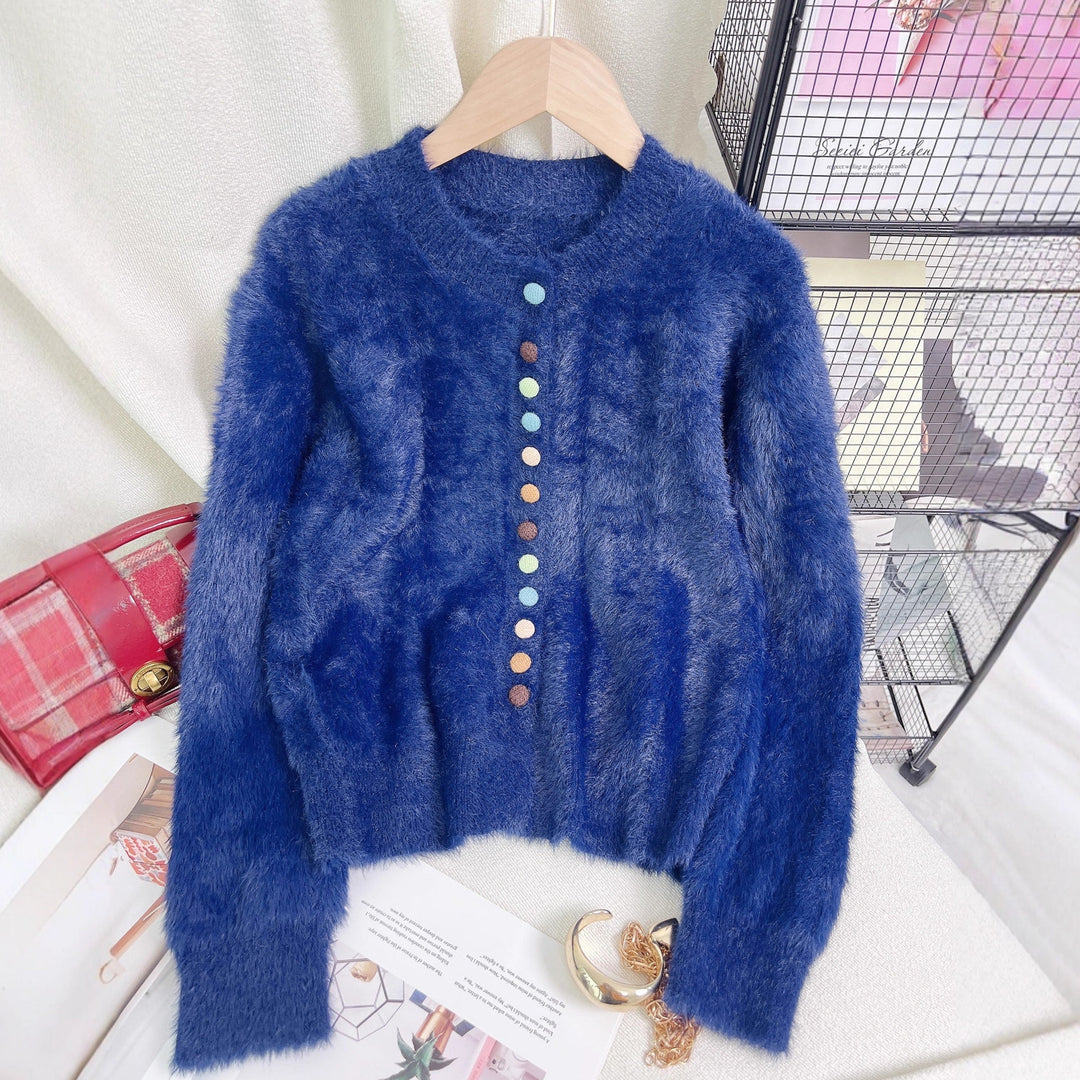 Damen flauschige Strickjacke mit bunten Knöpfen und weit geschnittenem Design Drune