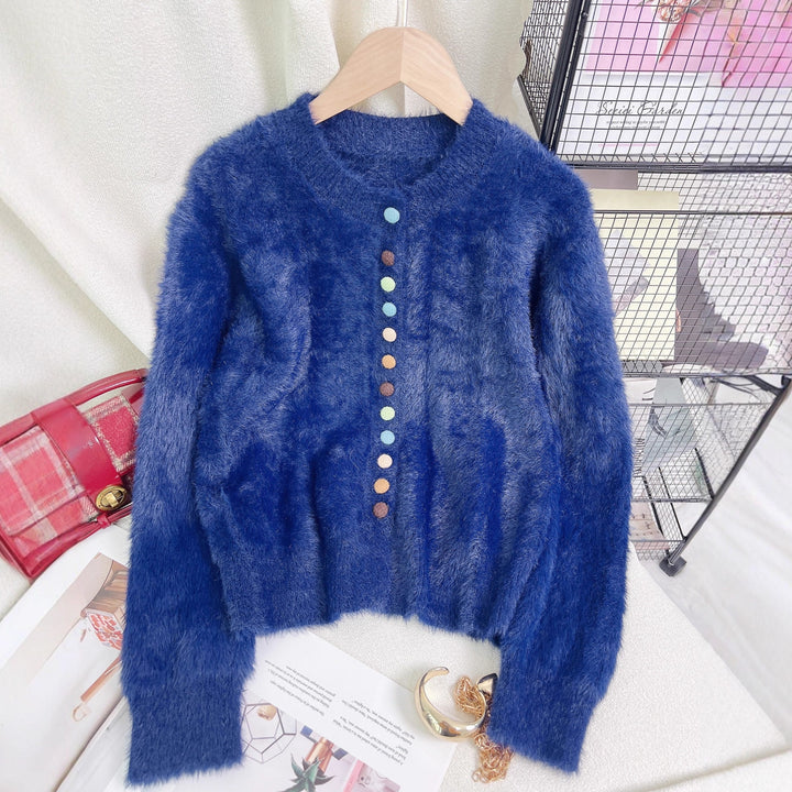 Damen flauschige Strickjacke mit bunten Knöpfen und weit geschnittenem Design Drune
