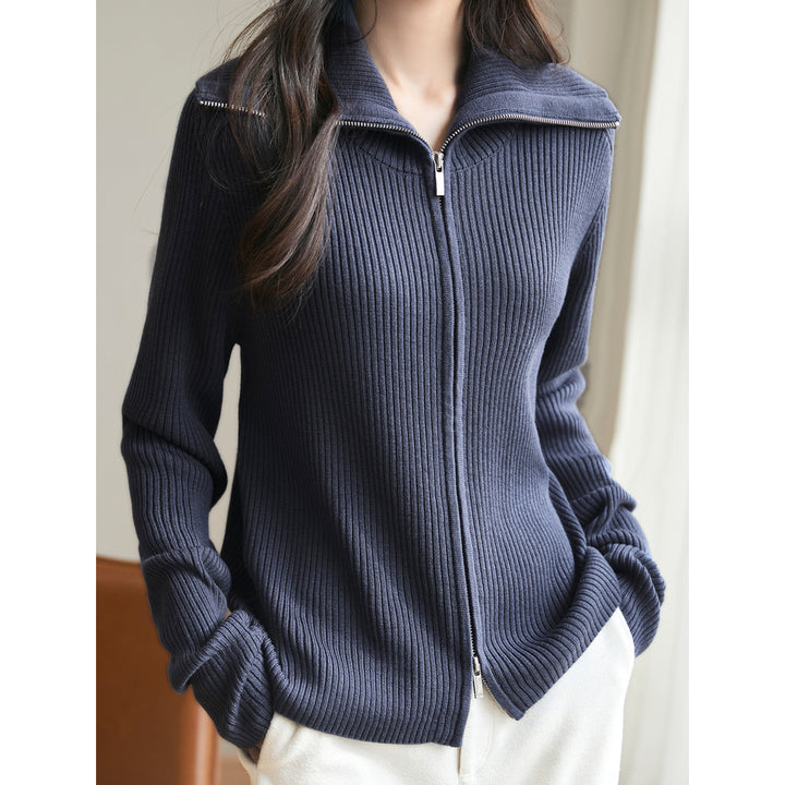 Damen modischer Strickpullover mit hochschließendem Reißverschluss und Rippenstruktur Drune