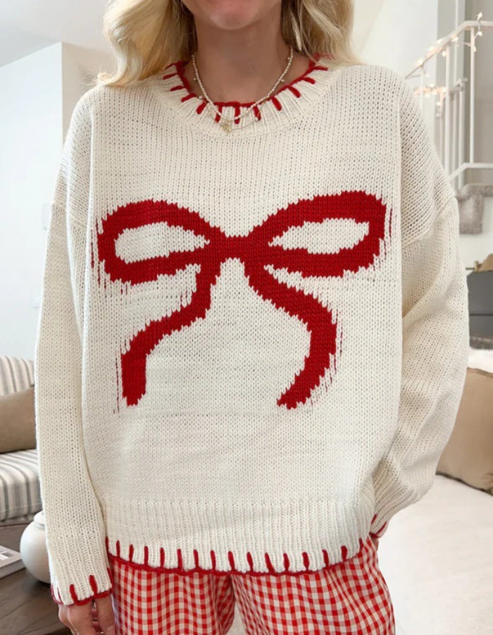 Damen lässiger Pullover mit kontrastierenden Schleifen-Detail und geripptem Saum Drune