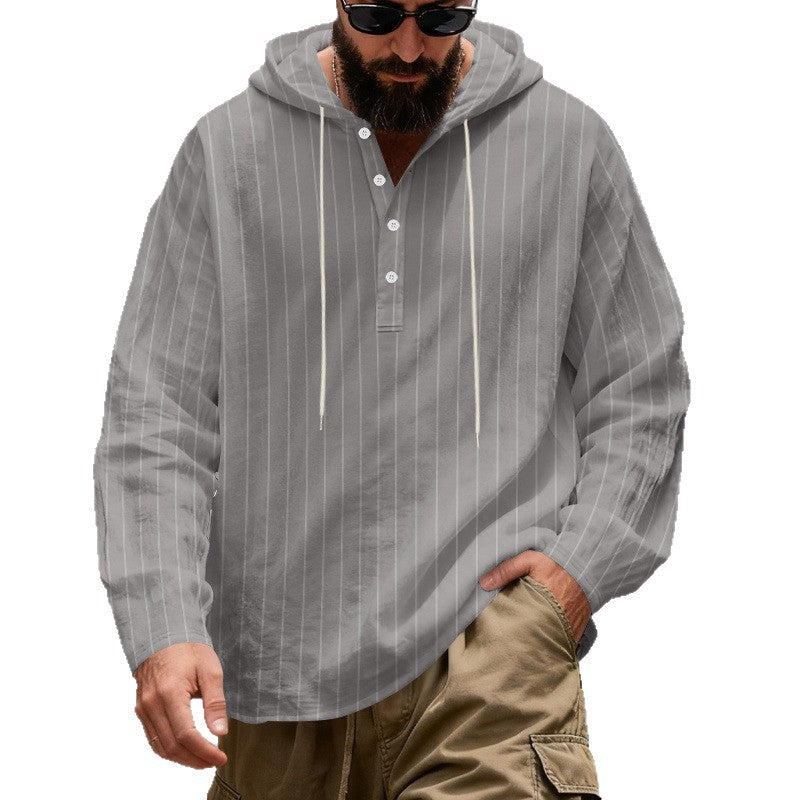 Herren nan gestreiftes Henley-Kapuzenhemd mit Langarm, lockerem Schnitt und Kordelzug Drune
