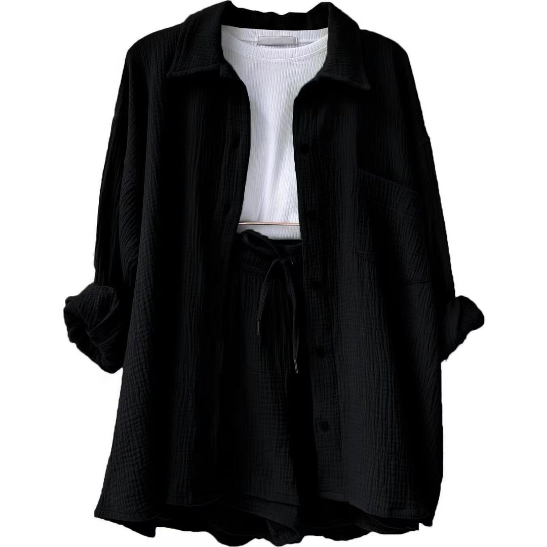 Damen lässiges Komfort-Set aus kurzem Top und Oversized-Hemd Drune
