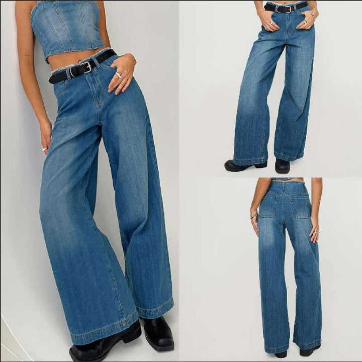 Damen nan hochgeschnittene Weitbein-Jeans mit rohem Bund, extra weitem Bein und Fünf-Taschen-Schnitt Drune
