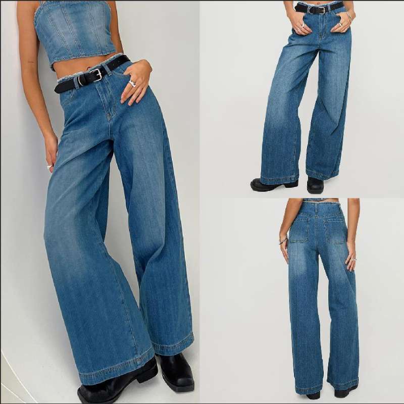 Damen weite Denim-Jeans mit hohem Bund und fransigem Saum Drune