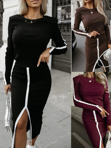 Damen Elegantes Strick-Kleid mit Seitenschlitz und Kontraststreifen Drune