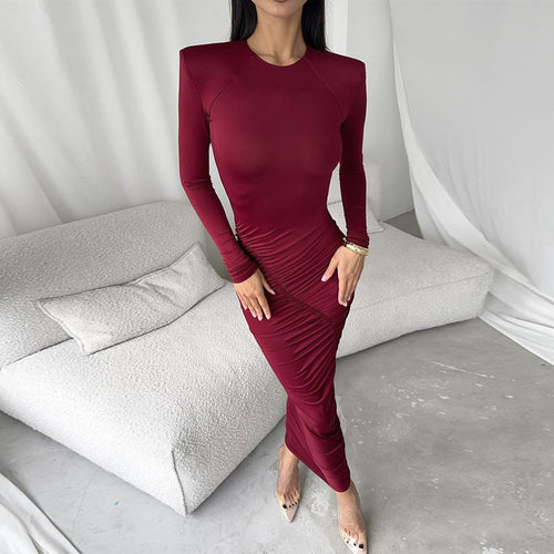 Damen Langarm-Raffkleid mit elegantem Schnitt und figurformenden Details Drune