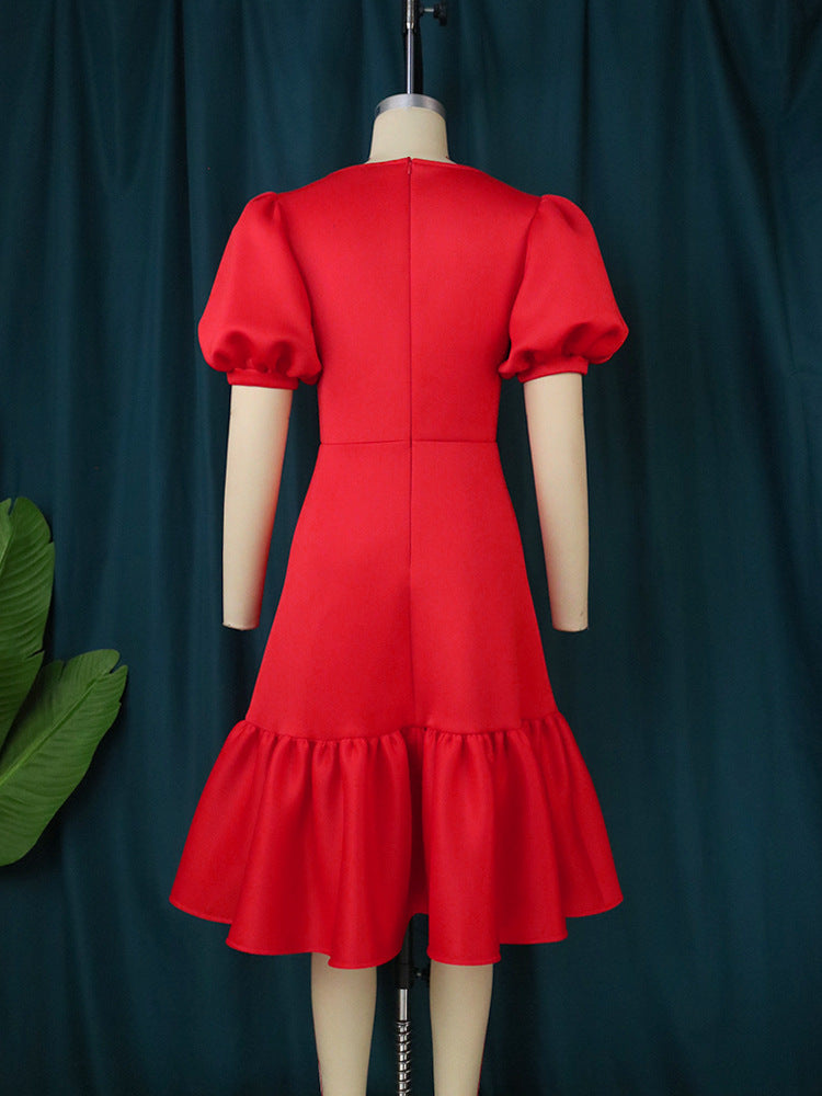 Damen elegantes Wickelkleid mit voluminösen Puffärmeln und Rüschensaum Drune