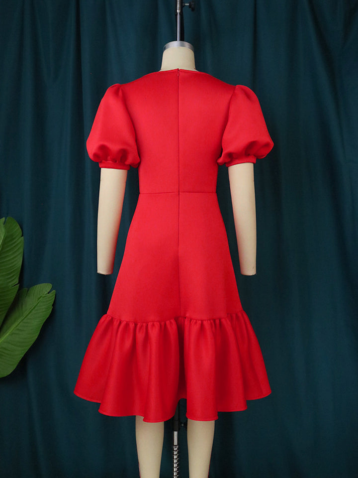 Damen elegantes Wickelkleid mit voluminösen Puffärmeln und Rüschensaum Drune