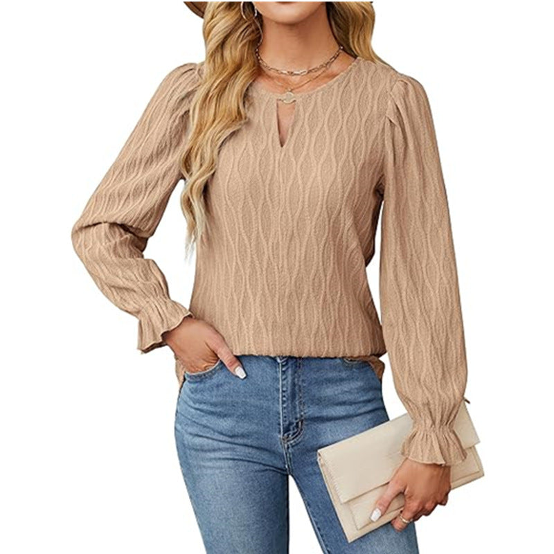 Damen elegantes Langarmshirt mit strukturiertem Stoff und Schlüsselloch-Ausschnitt Drune