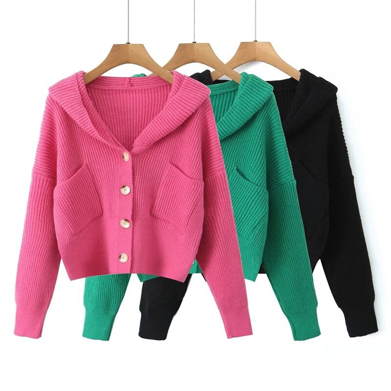 Damen Kuschelige Strickjacke mit Kapuze und Knopfverschluss Drune
